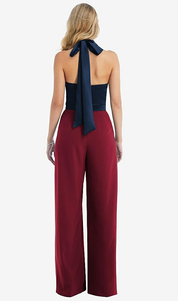 Back View - Burgundy & Midnight Navy High-Neck Open-Back Jumpsuit with Scarf Tie