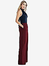 Front View Thumbnail - Cabernet & Midnight Navy High-Neck Open-Back Jumpsuit with Scarf Tie