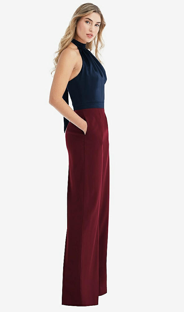 Front View - Cabernet & Midnight Navy High-Neck Open-Back Jumpsuit with Scarf Tie