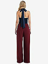 Rear View Thumbnail - Cabernet & Midnight Navy High-Neck Open-Back Jumpsuit with Scarf Tie