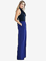 Front View Thumbnail - Cobalt Blue & Midnight Navy High-Neck Open-Back Jumpsuit with Scarf Tie