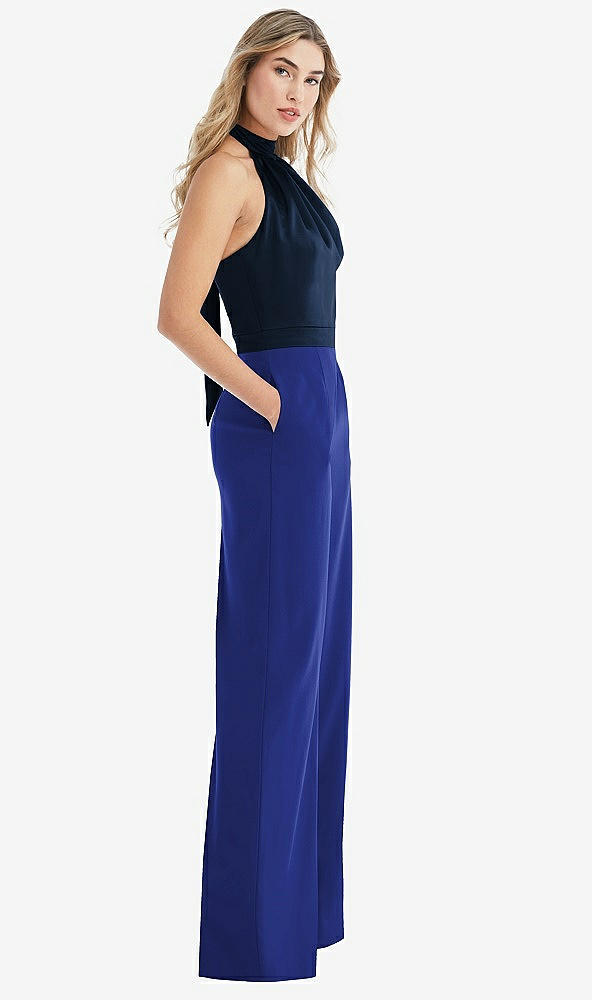 Front View - Cobalt Blue & Midnight Navy High-Neck Open-Back Jumpsuit with Scarf Tie