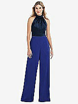 Side View Thumbnail - Cobalt Blue & Midnight Navy High-Neck Open-Back Jumpsuit with Scarf Tie