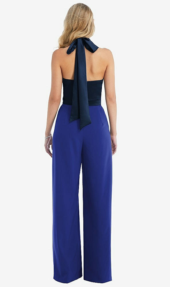 Back View - Cobalt Blue & Midnight Navy High-Neck Open-Back Jumpsuit with Scarf Tie