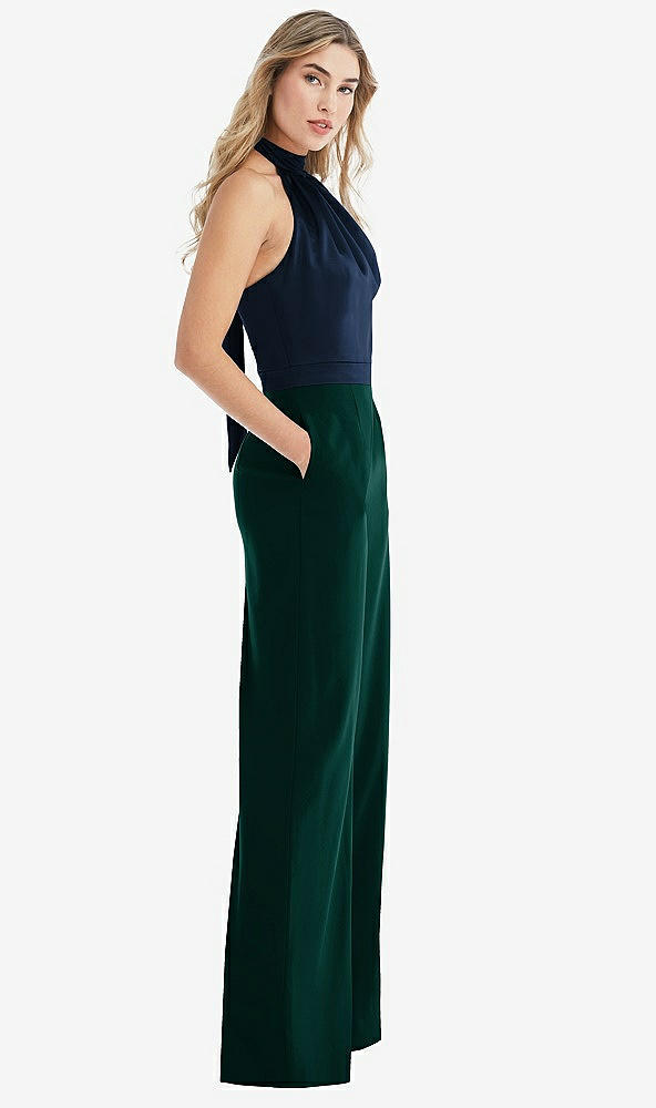 Front View - Evergreen & Midnight Navy High-Neck Open-Back Jumpsuit with Scarf Tie