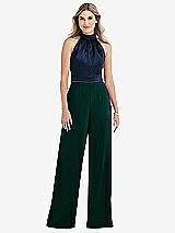 Side View Thumbnail - Evergreen & Midnight Navy High-Neck Open-Back Jumpsuit with Scarf Tie