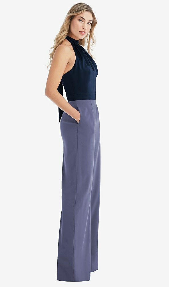Front View - French Blue & Midnight Navy High-Neck Open-Back Jumpsuit with Scarf Tie