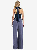 Rear View Thumbnail - French Blue & Midnight Navy High-Neck Open-Back Jumpsuit with Scarf Tie