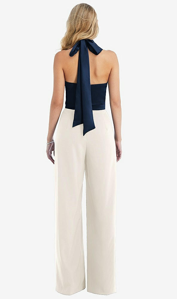 Back View - Ivory & Midnight Navy High-Neck Open-Back Jumpsuit with Scarf Tie
