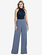 Side View Thumbnail - Larkspur Blue & Midnight Navy High-Neck Open-Back Jumpsuit with Scarf Tie
