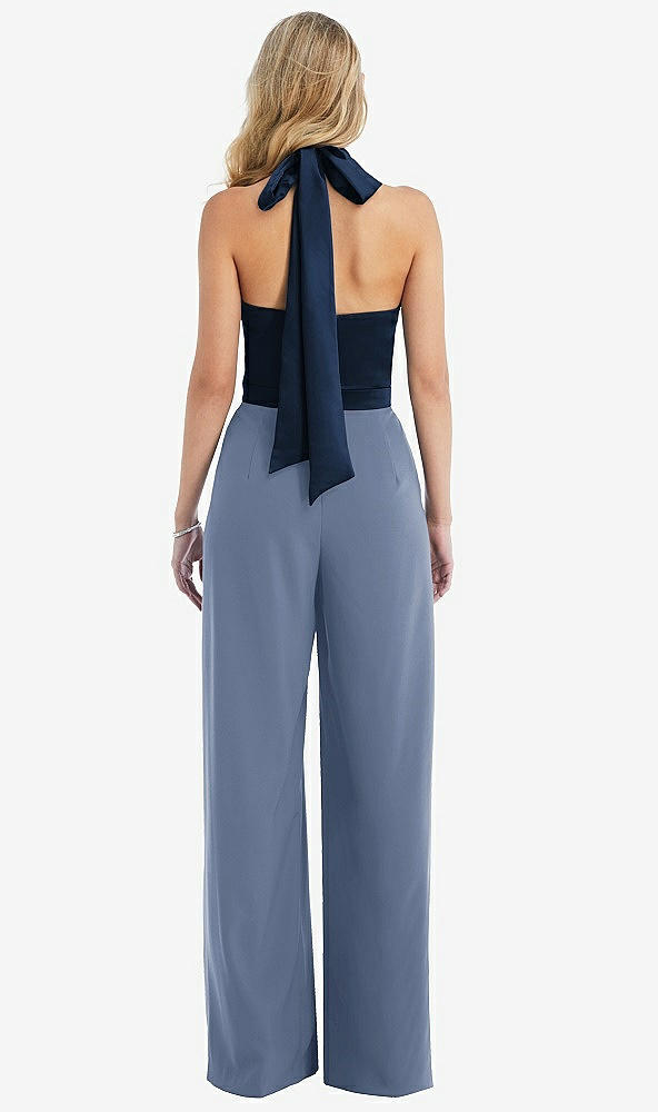 Back View - Larkspur Blue & Midnight Navy High-Neck Open-Back Jumpsuit with Scarf Tie