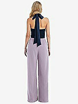 Rear View Thumbnail - Lilac Haze & Midnight Navy High-Neck Open-Back Jumpsuit with Scarf Tie