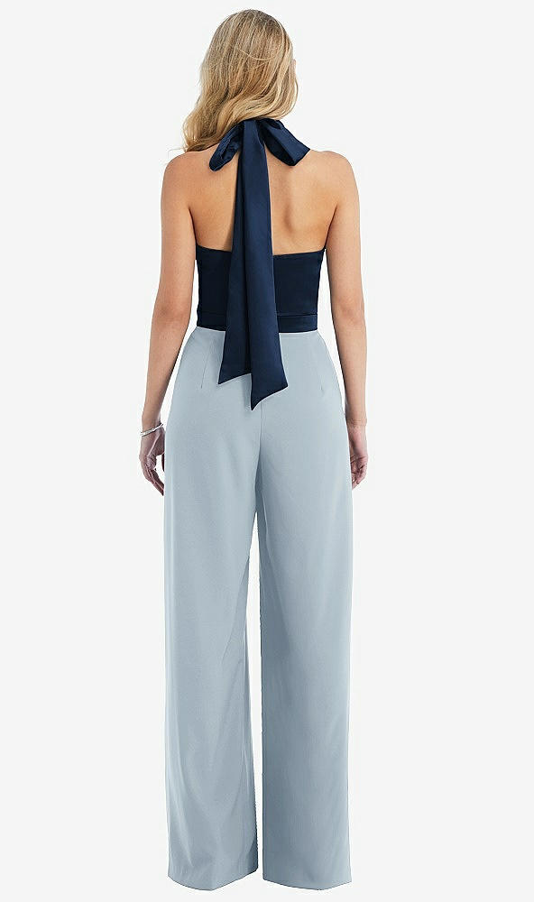 Back View - Mist & Midnight Navy High-Neck Open-Back Jumpsuit with Scarf Tie