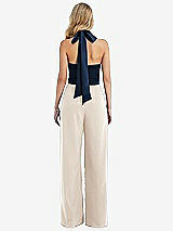 Rear View Thumbnail - Oat & Midnight Navy High-Neck Open-Back Jumpsuit with Scarf Tie