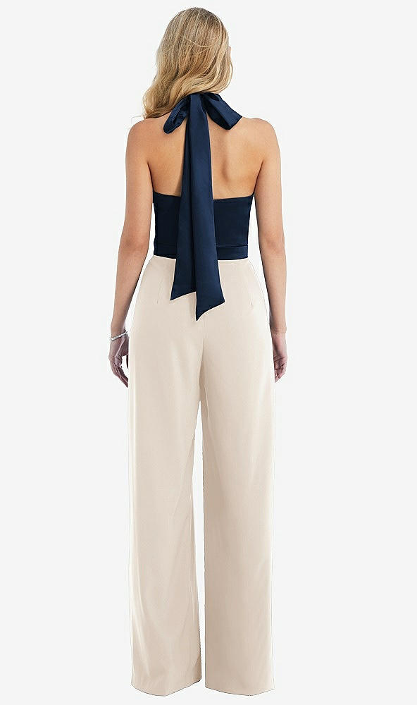 Back View - Oat & Midnight Navy High-Neck Open-Back Jumpsuit with Scarf Tie