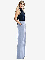 Front View Thumbnail - Sky Blue & Midnight Navy High-Neck Open-Back Jumpsuit with Scarf Tie