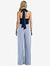 Rear View Thumbnail - Sky Blue & Midnight Navy High-Neck Open-Back Jumpsuit with Scarf Tie
