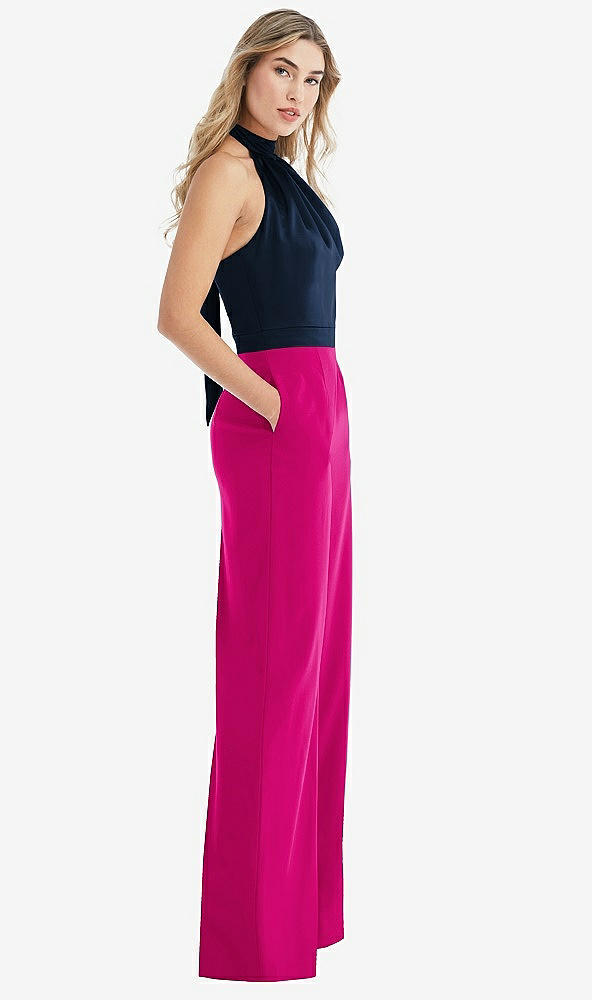 Front View - Think Pink & Midnight Navy High-Neck Open-Back Jumpsuit with Scarf Tie