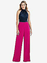 Side View Thumbnail - Think Pink & Midnight Navy High-Neck Open-Back Jumpsuit with Scarf Tie
