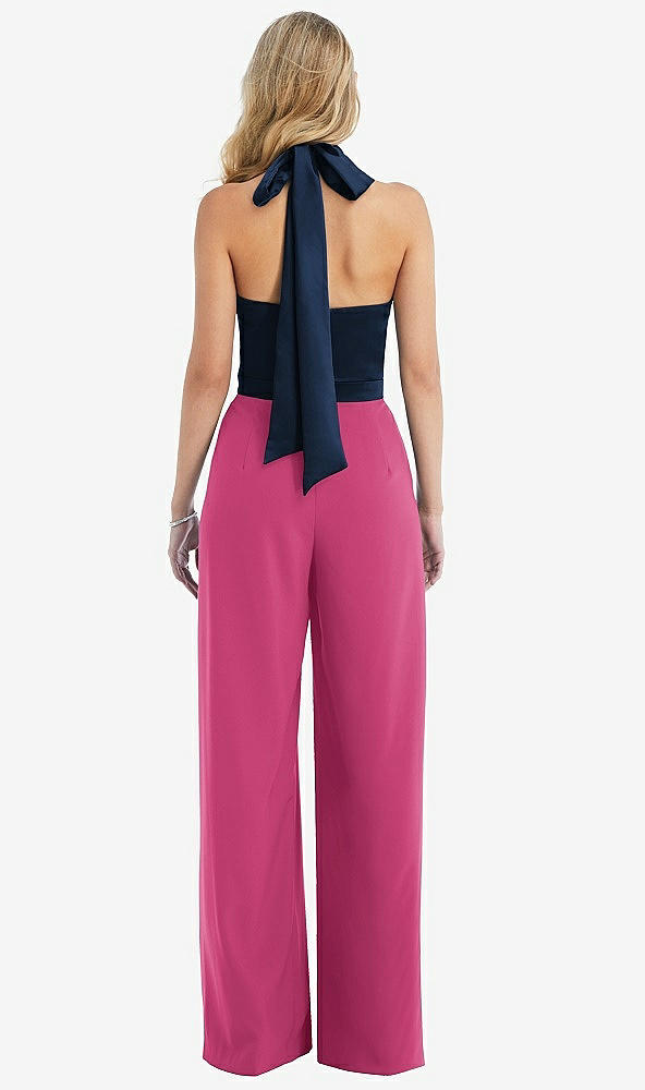 Back View - Tea Rose & Midnight Navy High-Neck Open-Back Jumpsuit with Scarf Tie