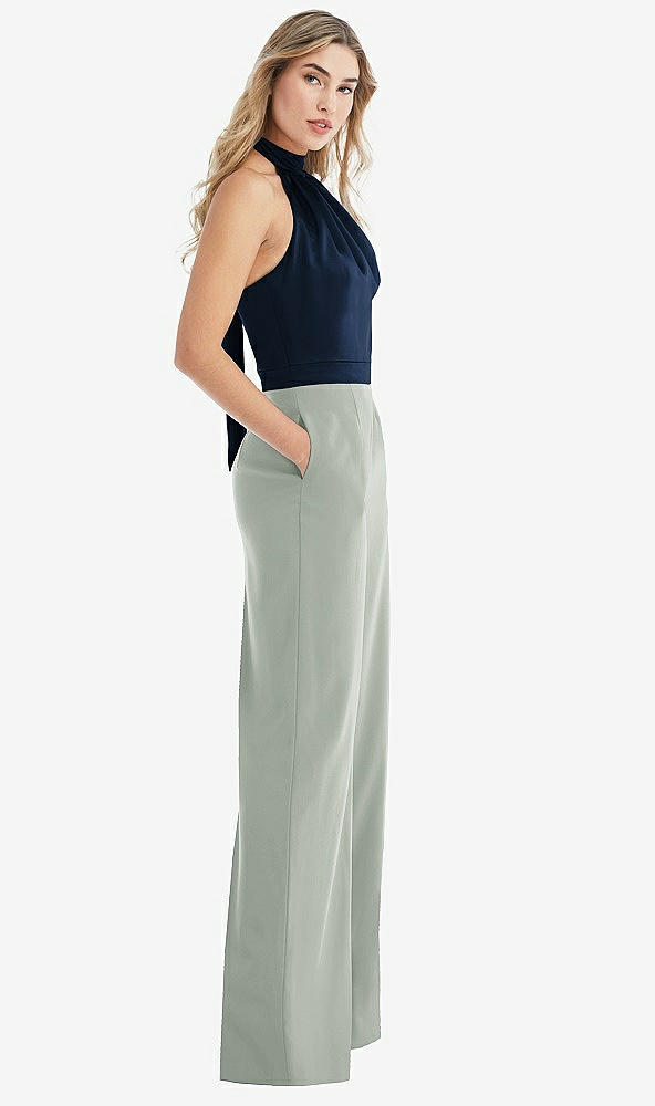 Front View - Willow Green & Midnight Navy High-Neck Open-Back Jumpsuit with Scarf Tie