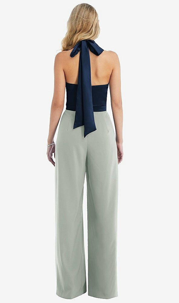 Back View - Willow Green & Midnight Navy High-Neck Open-Back Jumpsuit with Scarf Tie