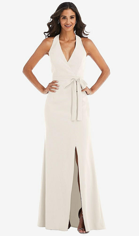 Front View - Ivory Open-Back Halter Maxi Dress with Draped Bow