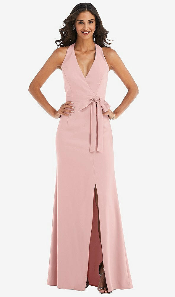 Front View - Rose Open-Back Halter Maxi Dress with Draped Bow