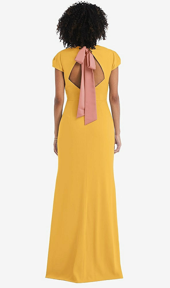 Front View - NYC Yellow & Desert Rose Puff Cap Sleeve Cutout Tie-Back Trumpet Gown
