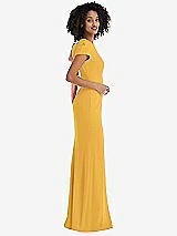 Side View Thumbnail - NYC Yellow & Desert Rose Puff Cap Sleeve Cutout Tie-Back Trumpet Gown