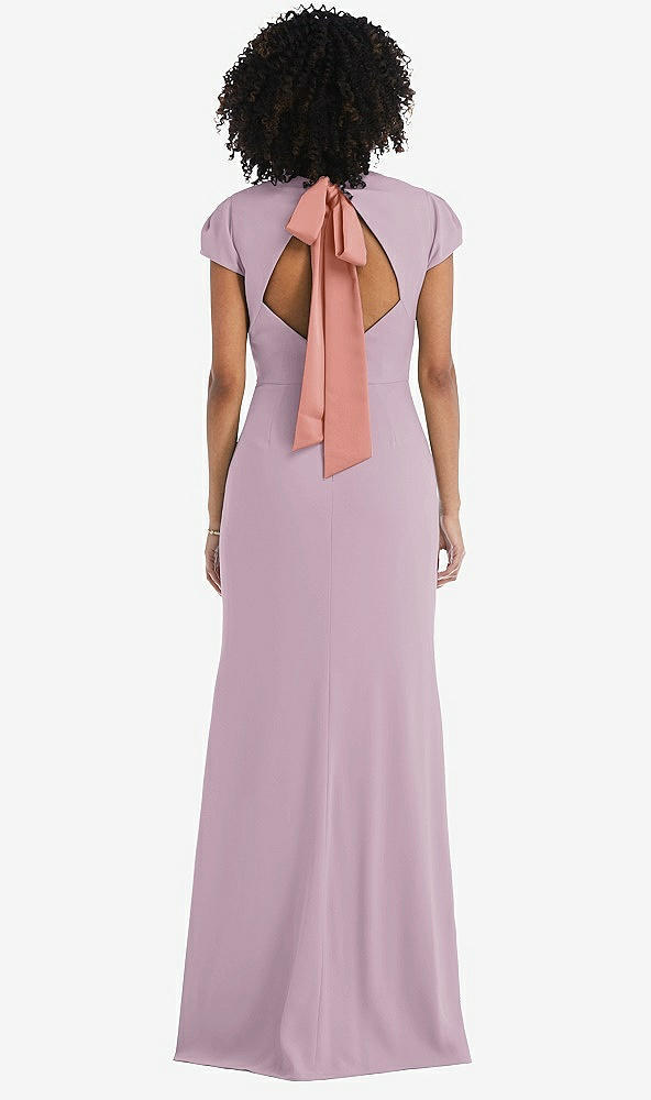 Front View - Suede Rose & Desert Rose Puff Cap Sleeve Cutout Tie-Back Trumpet Gown