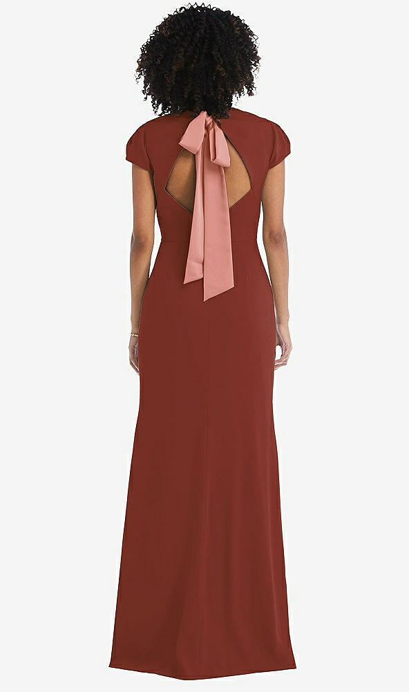 Front View - Auburn Moon & Desert Rose Puff Cap Sleeve Cutout Tie-Back Trumpet Gown