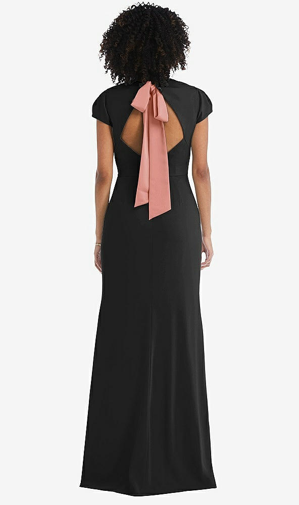 Front View - Black & Desert Rose Puff Cap Sleeve Cutout Tie-Back Trumpet Gown