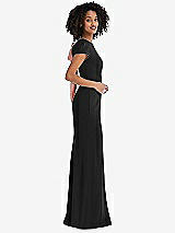 Side View Thumbnail - Black & Desert Rose Puff Cap Sleeve Cutout Tie-Back Trumpet Gown
