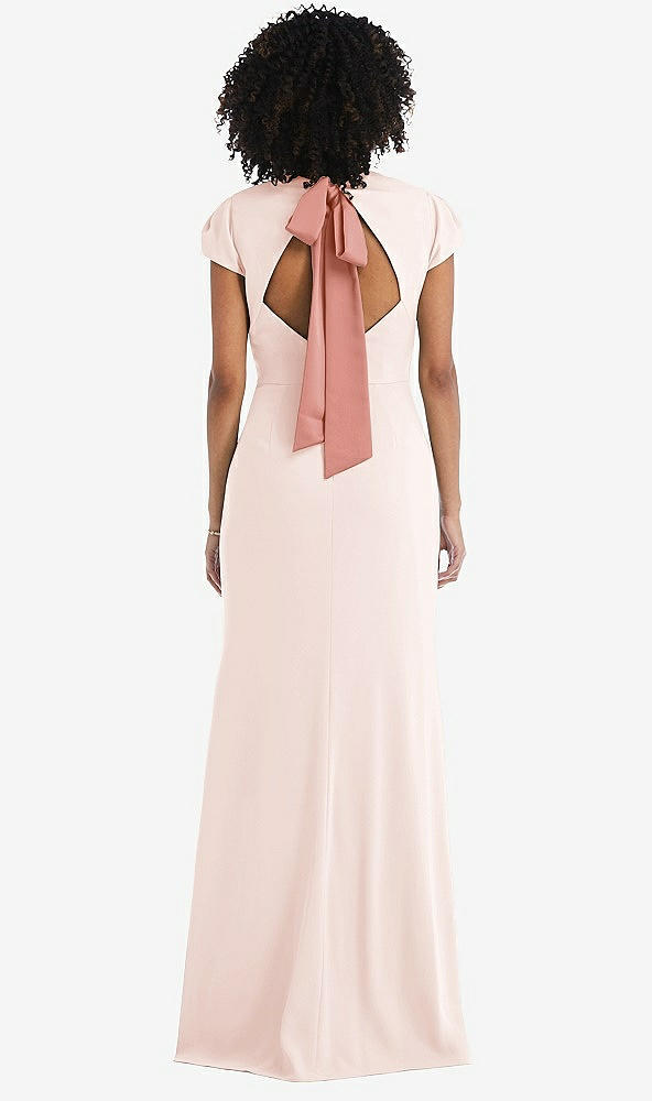 Front View - Blush & Desert Rose Puff Cap Sleeve Cutout Tie-Back Trumpet Gown