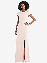 Rear View Thumbnail - Blush & Desert Rose Puff Cap Sleeve Cutout Tie-Back Trumpet Gown