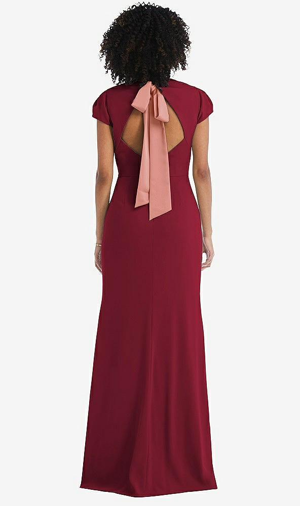 Front View - Burgundy & Desert Rose Puff Cap Sleeve Cutout Tie-Back Trumpet Gown