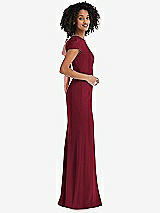 Side View Thumbnail - Burgundy & Desert Rose Puff Cap Sleeve Cutout Tie-Back Trumpet Gown