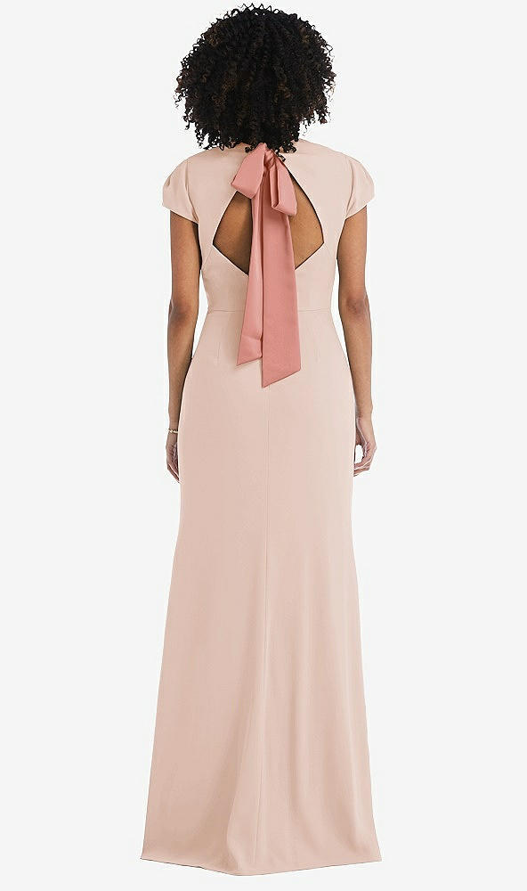 Front View - Cameo & Desert Rose Puff Cap Sleeve Cutout Tie-Back Trumpet Gown
