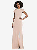 Rear View Thumbnail - Cameo & Desert Rose Puff Cap Sleeve Cutout Tie-Back Trumpet Gown