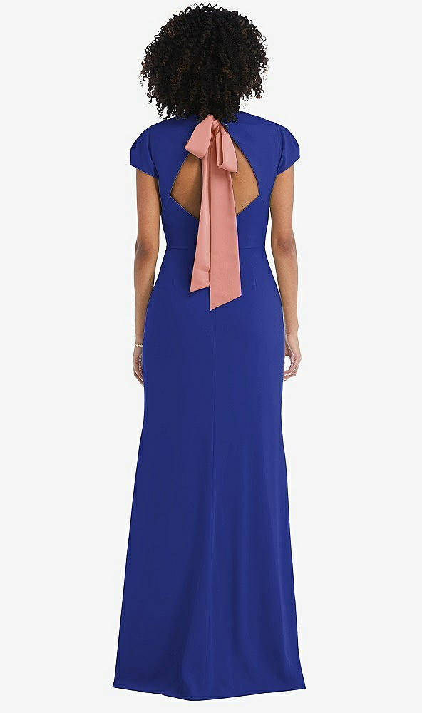 Front View - Cobalt Blue & Desert Rose Puff Cap Sleeve Cutout Tie-Back Trumpet Gown