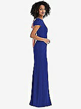 Side View Thumbnail - Cobalt Blue & Desert Rose Puff Cap Sleeve Cutout Tie-Back Trumpet Gown