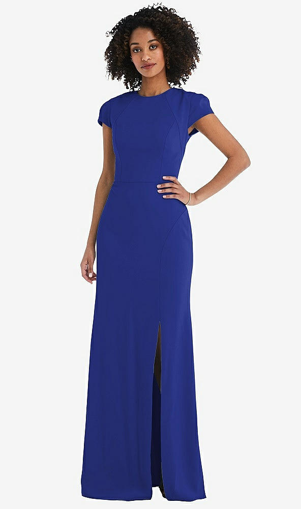 Back View - Cobalt Blue & Desert Rose Puff Cap Sleeve Cutout Tie-Back Trumpet Gown