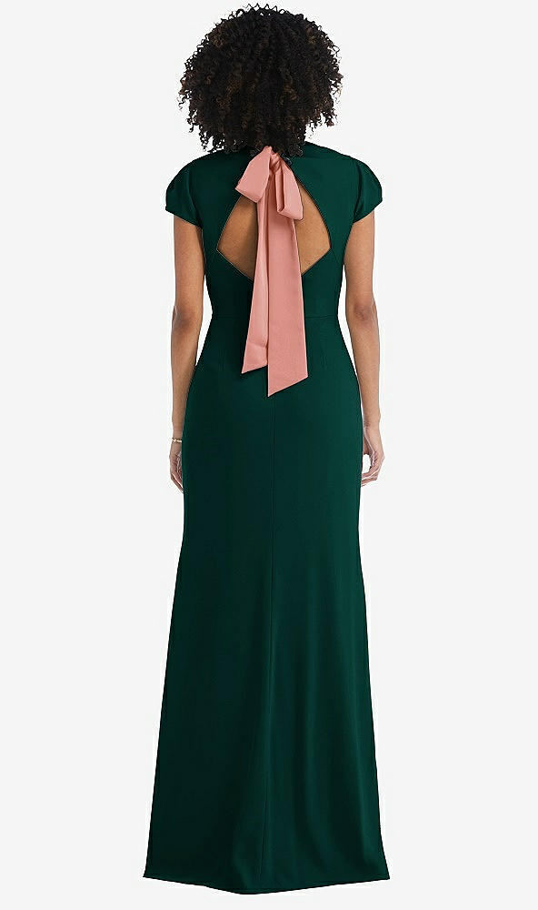 Front View - Evergreen & Desert Rose Puff Cap Sleeve Cutout Tie-Back Trumpet Gown