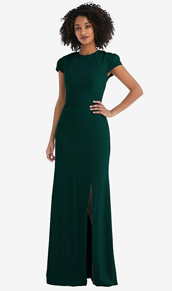 Back View - Evergreen & Desert Rose Puff Cap Sleeve Cutout Tie-Back Trumpet Gown