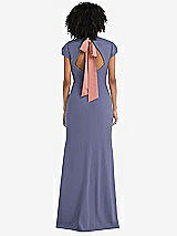 Front View Thumbnail - French Blue & Desert Rose Puff Cap Sleeve Cutout Tie-Back Trumpet Gown