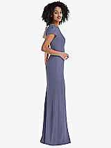 Side View Thumbnail - French Blue & Desert Rose Puff Cap Sleeve Cutout Tie-Back Trumpet Gown