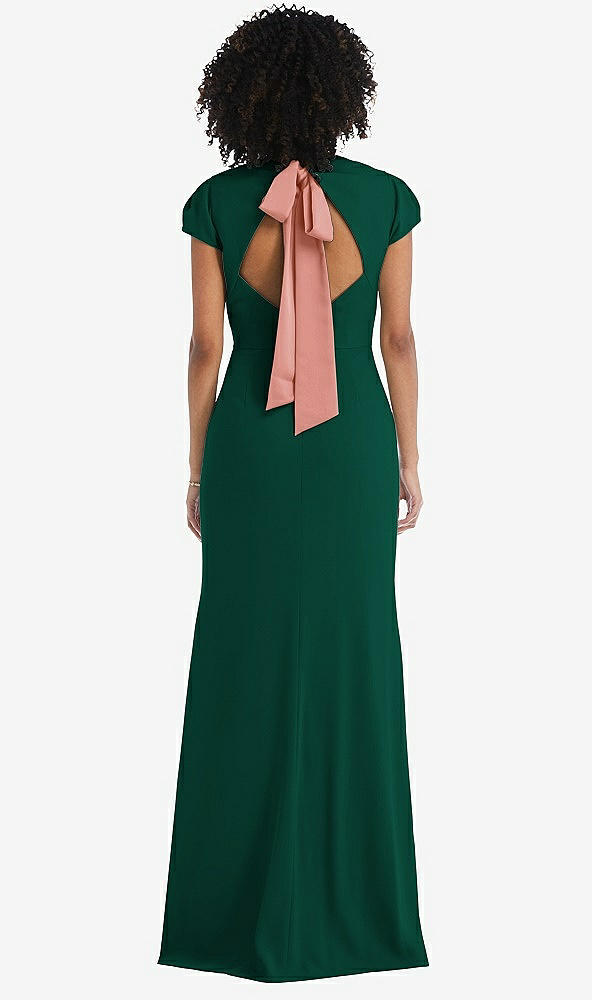 Front View - Hunter Green & Desert Rose Puff Cap Sleeve Cutout Tie-Back Trumpet Gown