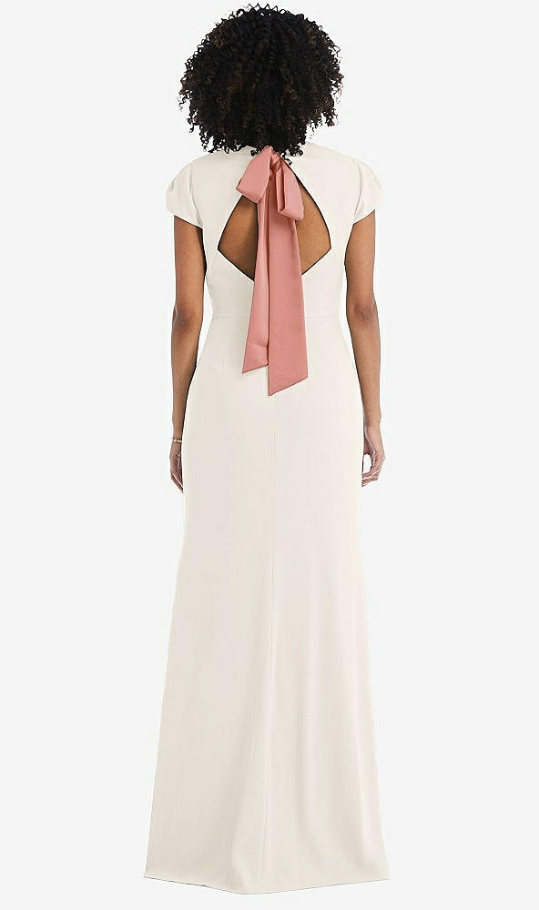 Front View - Ivory & Desert Rose Puff Cap Sleeve Cutout Tie-Back Trumpet Gown