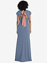 Front View Thumbnail - Larkspur Blue & Desert Rose Puff Cap Sleeve Cutout Tie-Back Trumpet Gown